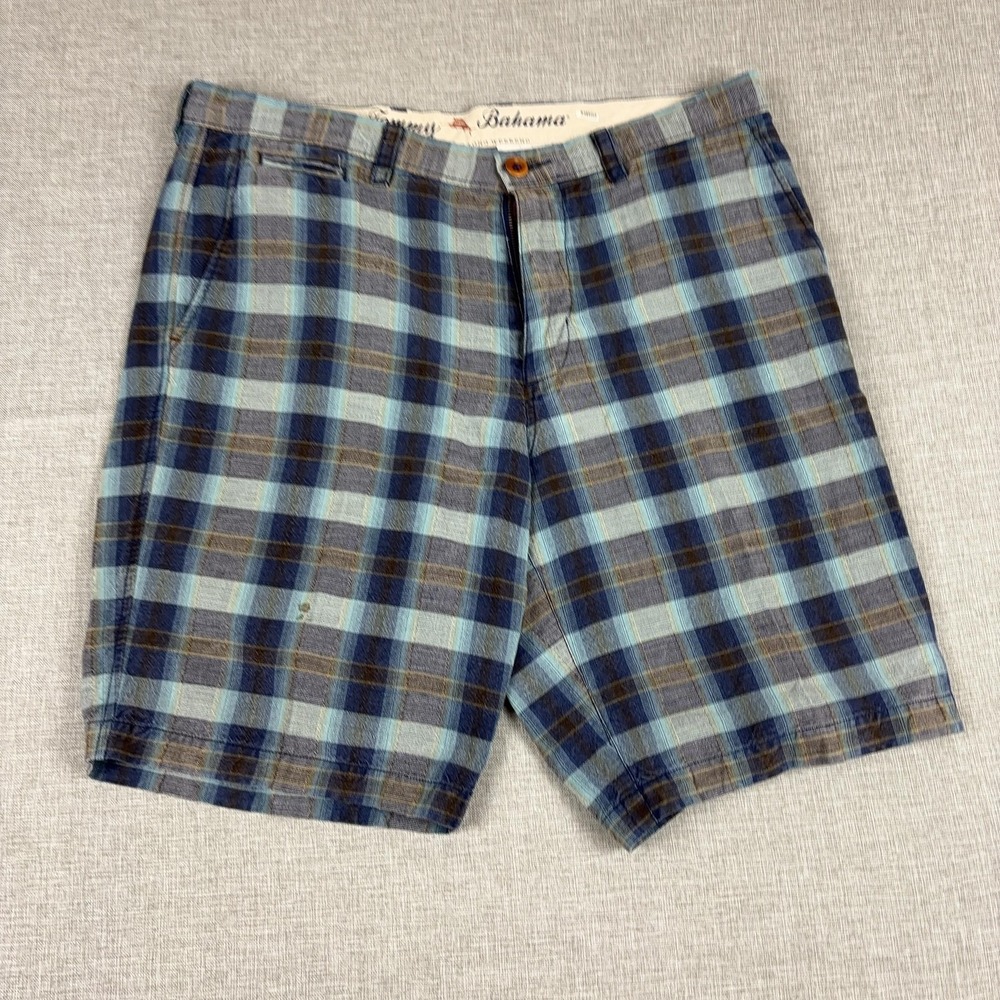 Tommy Bahama Shorts Mens 32 Blue Linen Lyocell Plaid Chino 10 Inseam Casual